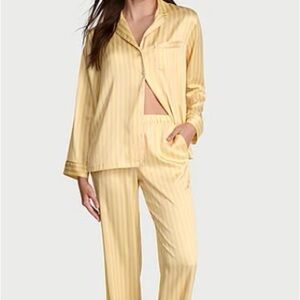 Victoria Secret Women's Yellow Striped Satin Pajama Set